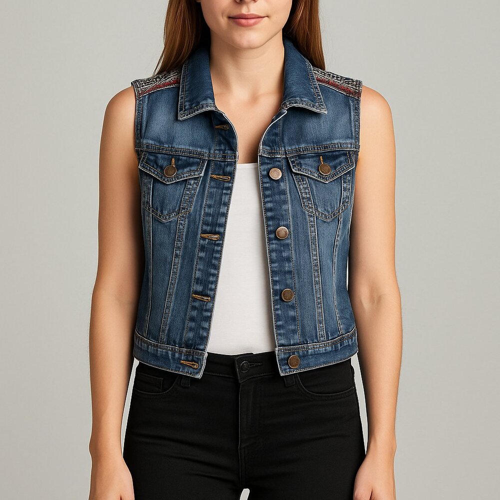 Under Skies Blue Denim Vest with Embroidered Shoulders